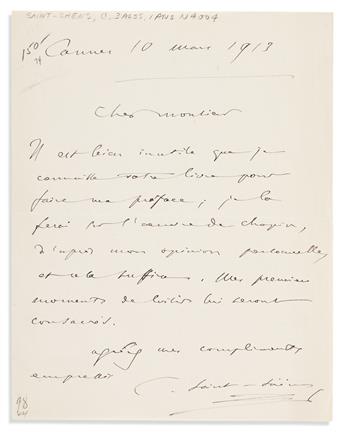 SAINT-SAËNS, CAMILLE. Group of three Autograph Letters Signed and an Autograph Note Signed, C. Saint-Saëns, to Director of the Chopin